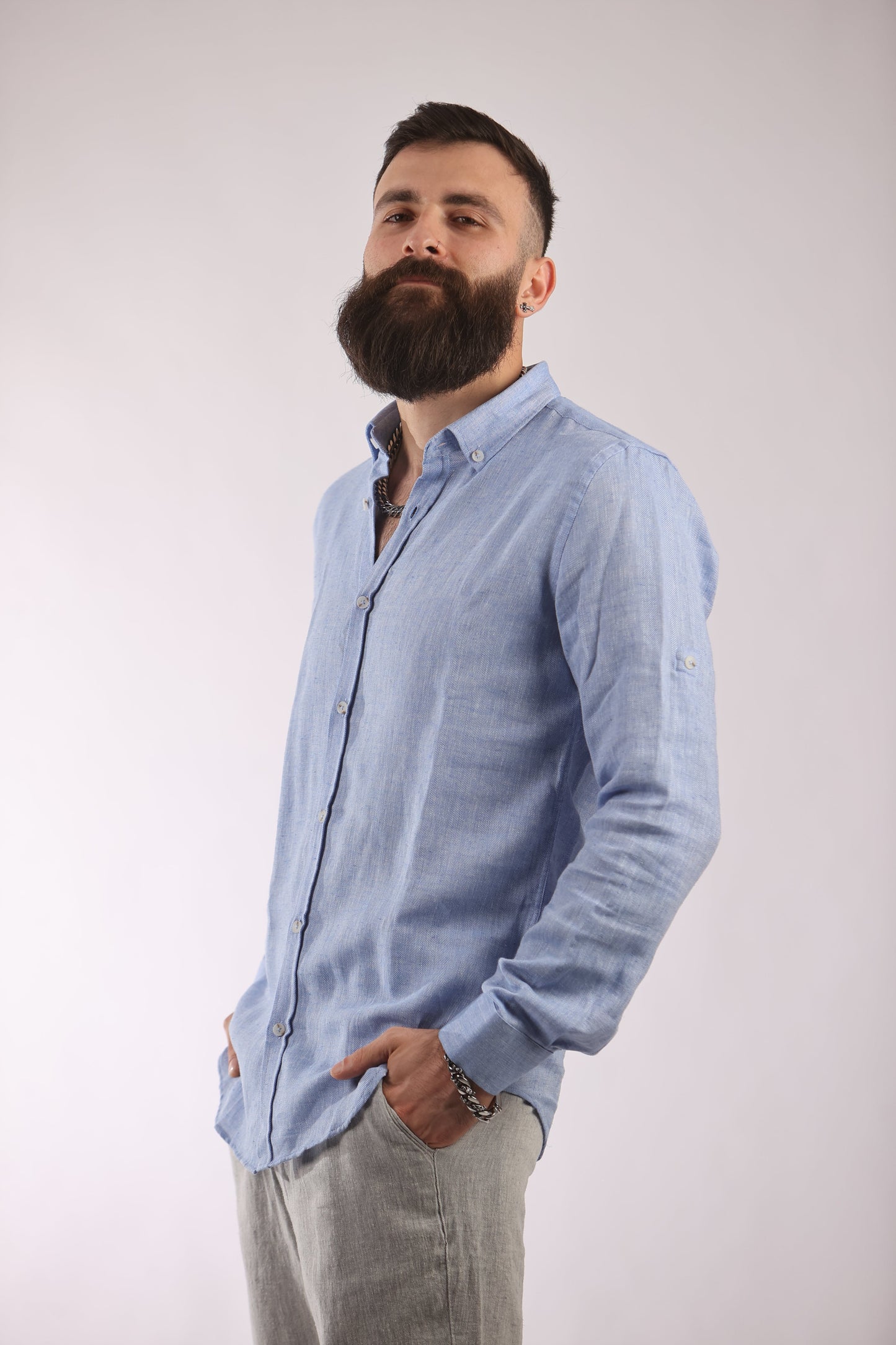 Unisex streetwear shirt in light blue, crafted from breathable linen-cotton blend.