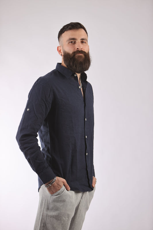 Everhold shirt, men's navy blue, lightweight linen-cotton blend, side view.