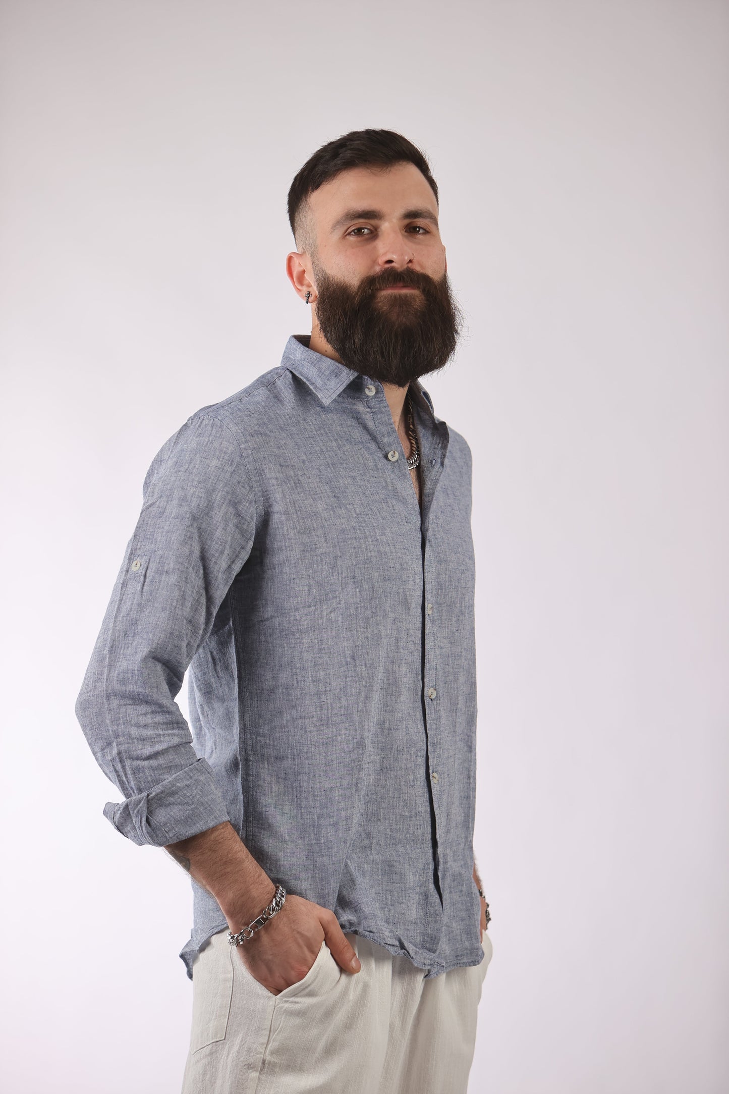 Everhold shirt in lightweight linen-cotton blend worn by man.