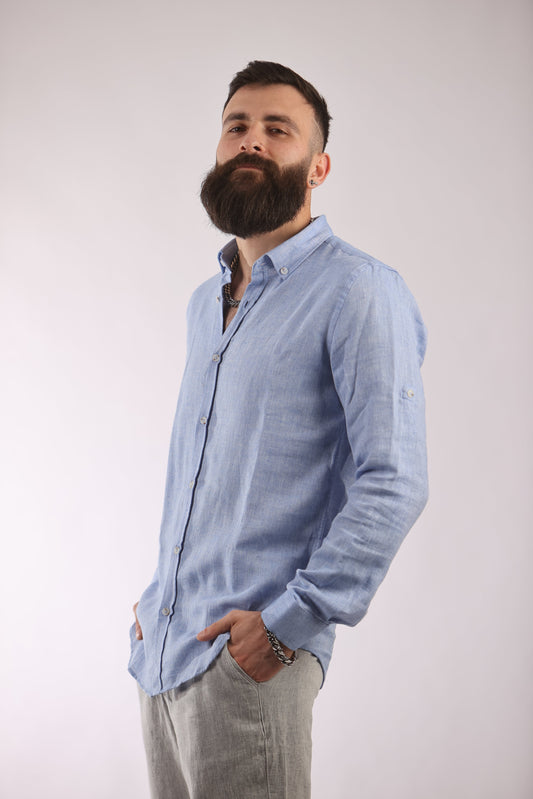 Unisex streetwear shirt in light blue, crafted from breathable linen-cotton blend.