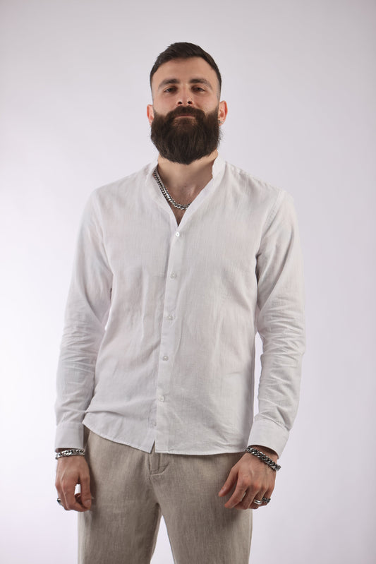 Figo shirt with Chinese collar, linen-cotton blend, elegant and versatile attire.