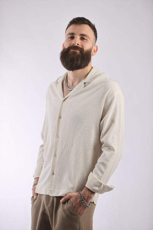 Marrakech shirt made from viscose, cotton, and linen blend, worn by a male model.